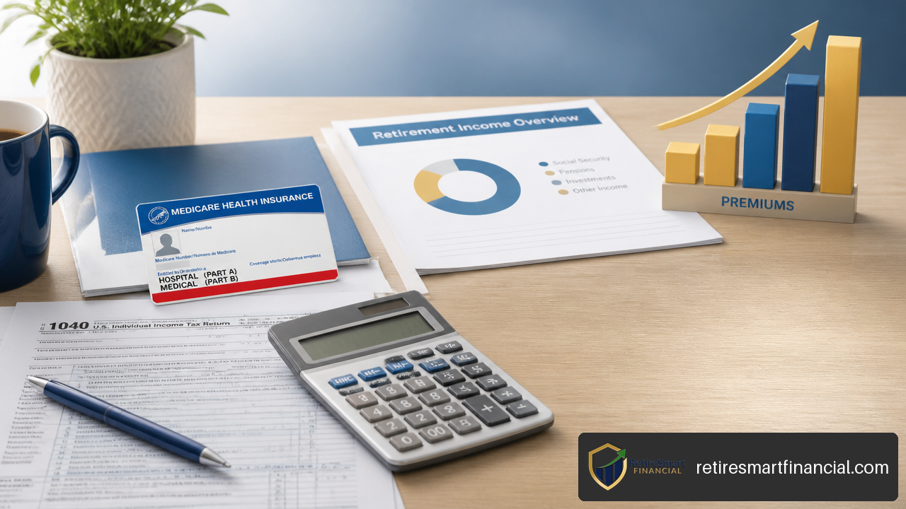 Medicare card, tax documents, calculator, and premium chart representing 2026 IRMAA planning.