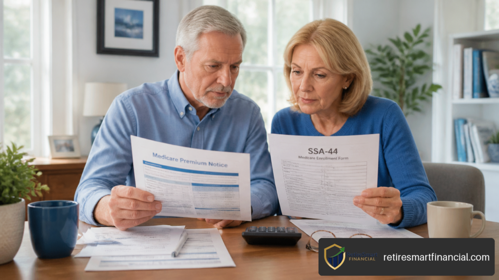 Older couple reviewing an SSA-44 form and Medicare premium documents at home