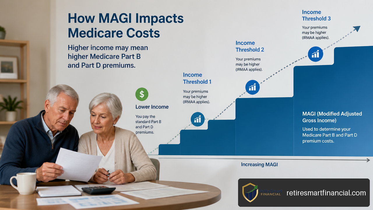 Step shaped income threshold chart illustrating how higher income can increase Medicare IRMAA costs.