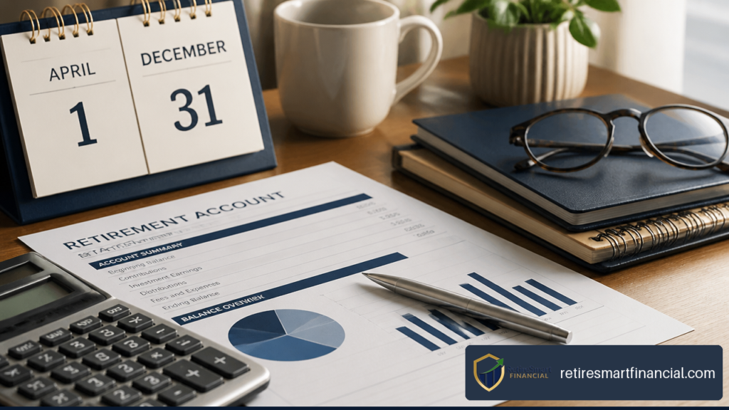 Calculator, retirement account documents, and a calendar showing RMD deadlines.
