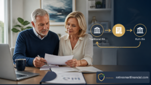 Couple reviewing a Roth conversion strategy with traditional IRA and Roth IRA planning documents.