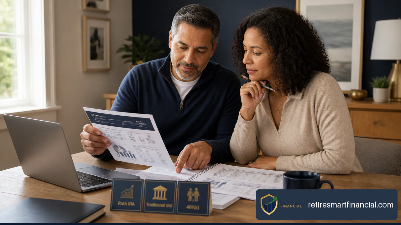 Couple reviewing retirement savings account options and financial documents at home