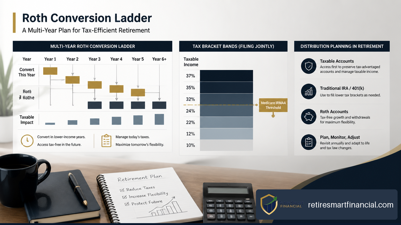 Illustration of a multi year Roth conversion plan showing tax brackets and Medicare income thresholds.