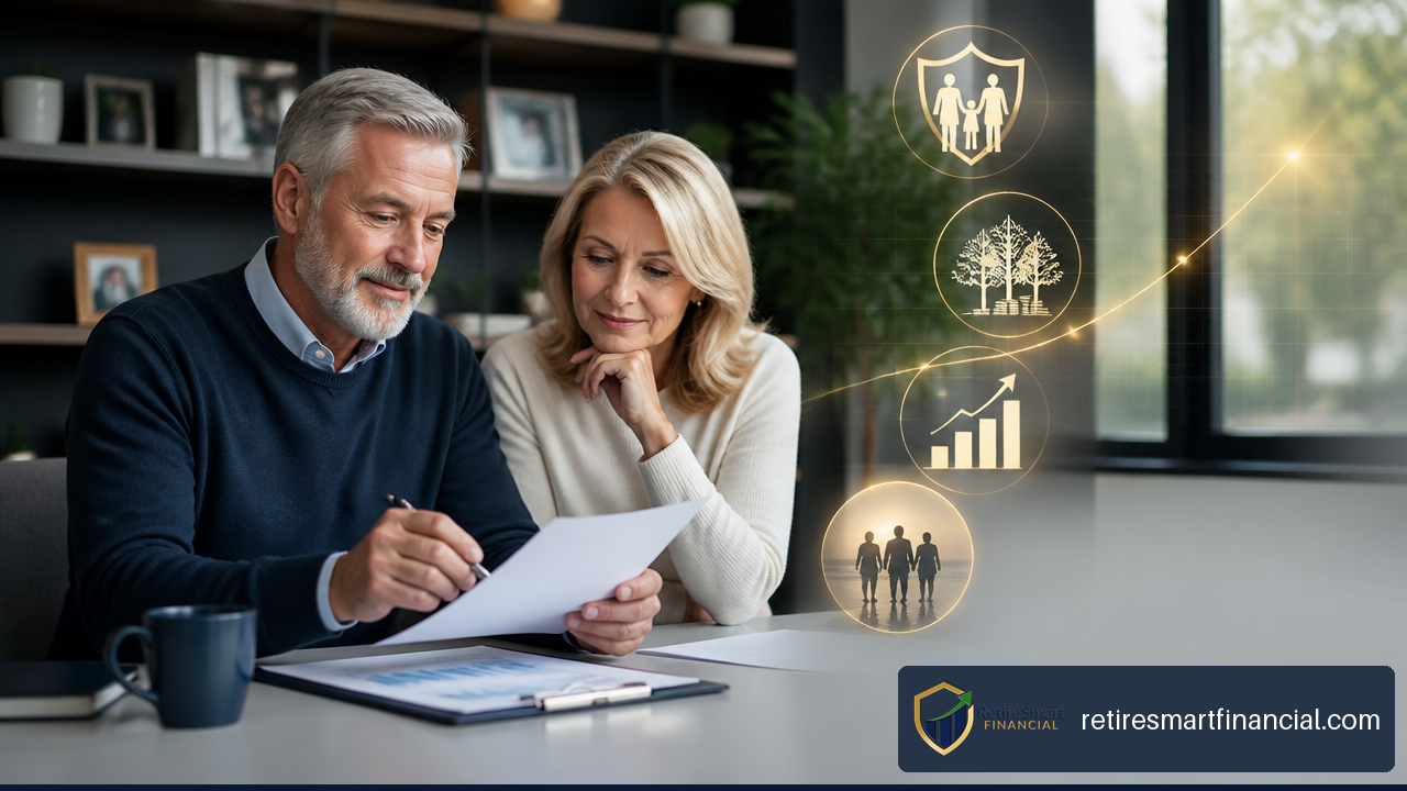 Couple reviewing a life insurance retirement plan with retirement income and legacy documents.