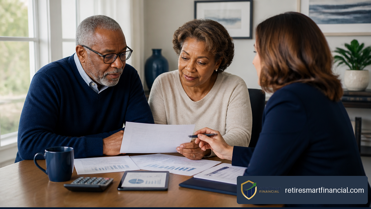 Couple reviewing retirement plan documents with a financial professional.