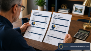 Person reviewing multiple Roth IRA account statements and retirement contribution records