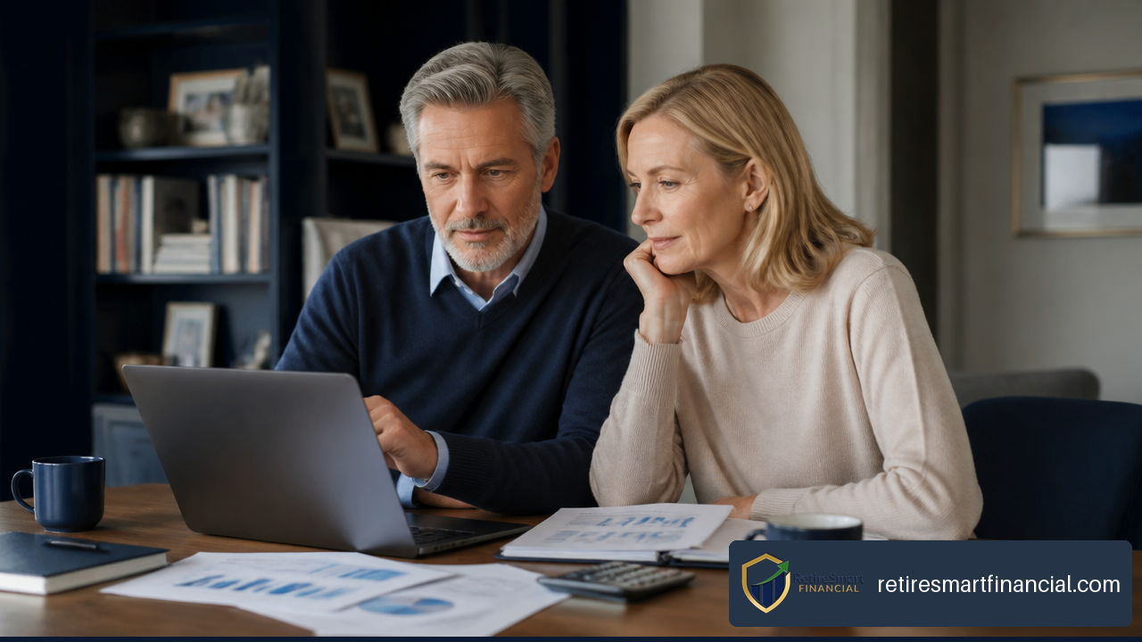 Retired couple reviewing investment and retirement income scenarios on a laptop.